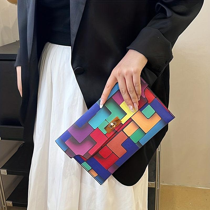 Rainbow Colorblock Clutch Bag Geometric Pattern Flap Purse