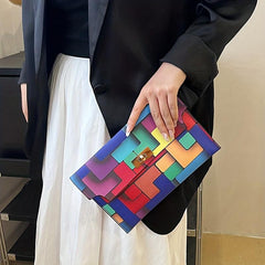 Rainbow Colorblock Clutch Bag Geometric Pattern Flap Purse
