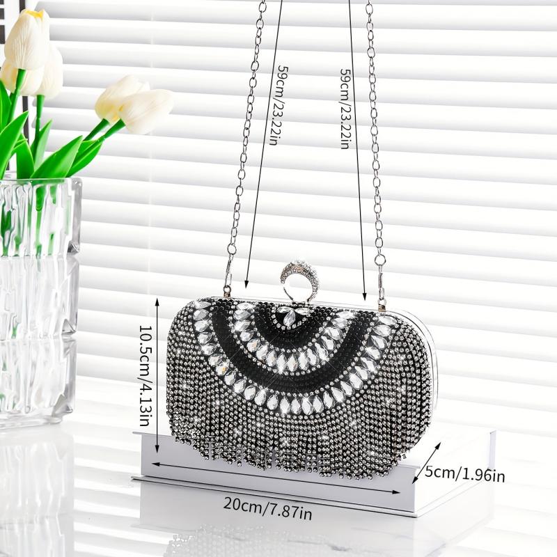Rhinestone Glitter Tassel Kiss Lock Clutch Evening Bag