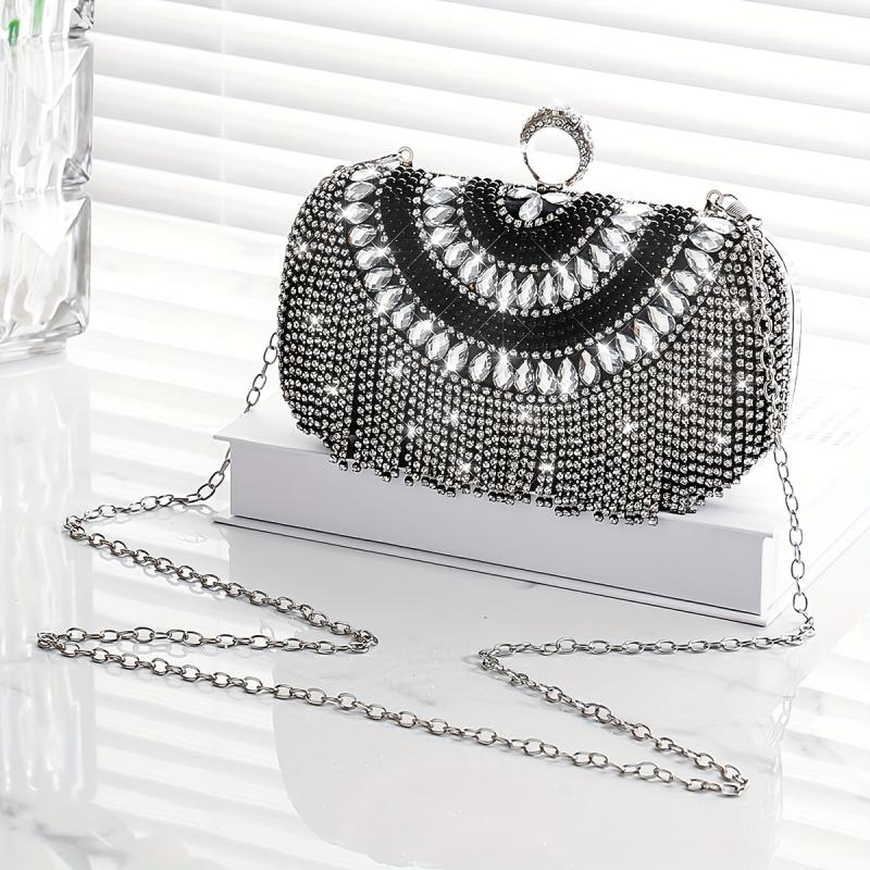Rhinestone Glitter Tassel Kiss Lock Clutch Evening Bag