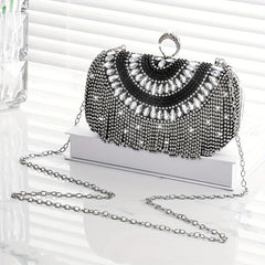 Rhinestone Glitter Tassel Kiss Lock Clutch Evening Bag