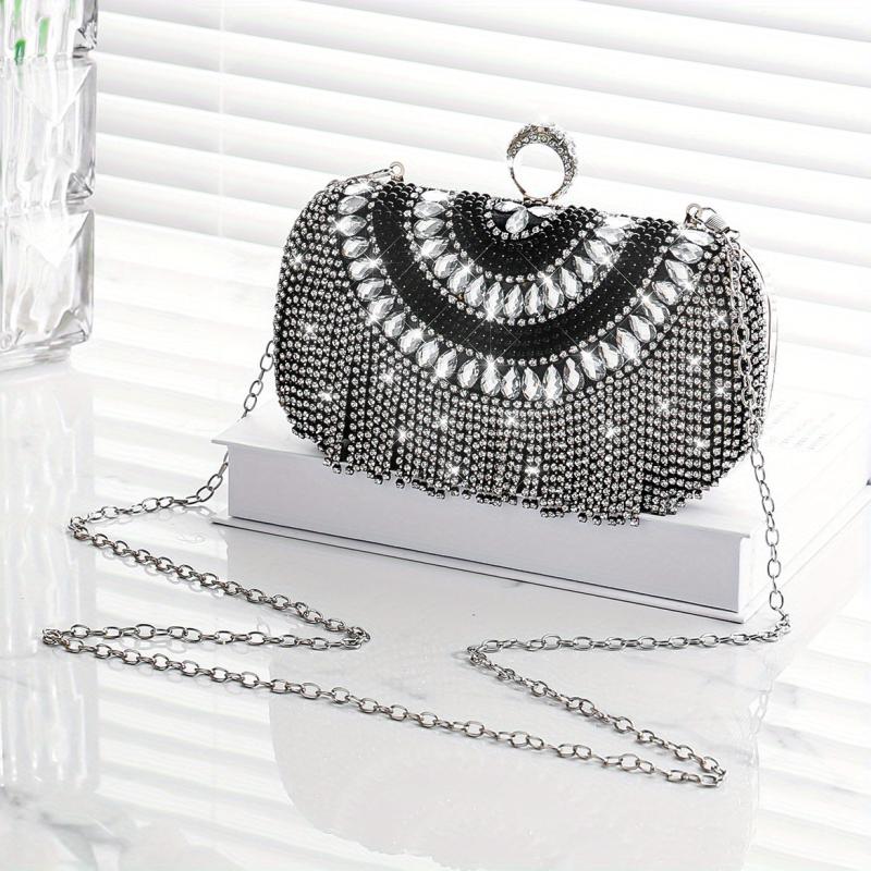 Rhinestone Glitter Tassel Kiss Lock Clutch Evening Bag