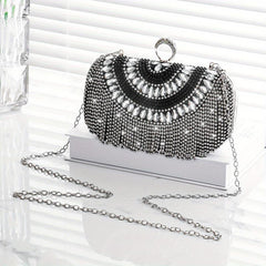 Rhinestone Glitter Tassel Kiss Lock Clutch Evening Bag