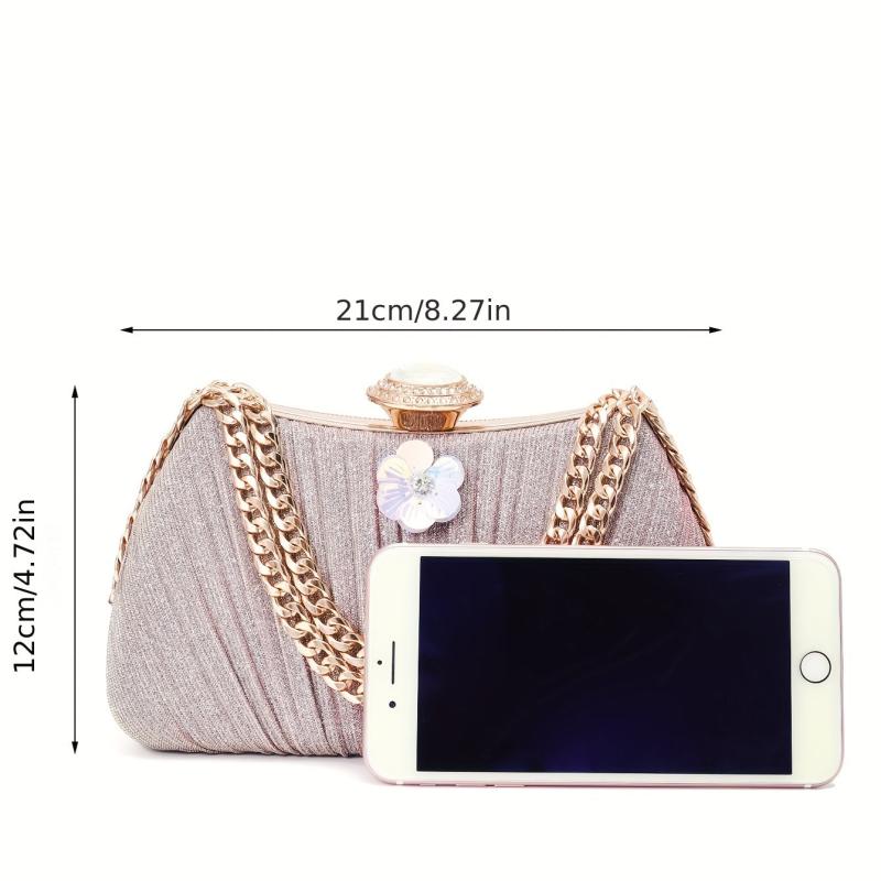 Glitter Ruched Wedding Evening Bag Flower Decor Handbag For Women