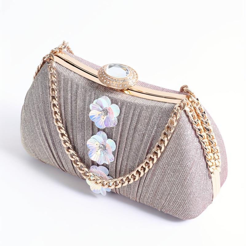 Glitter Ruched Wedding Evening Bag Flower Decor Handbag For Women