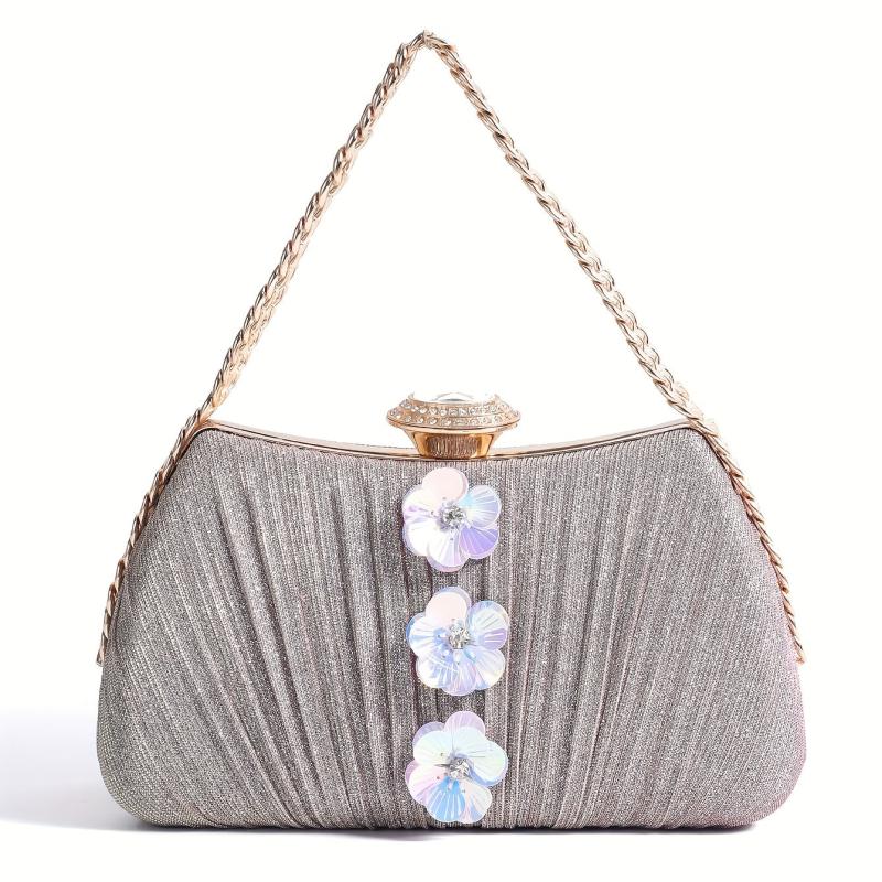Glitter Ruched Wedding Evening Bag Flower Decor Handbag For Women
