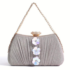Glitter Ruched Wedding Evening Bag Flower Decor Handbag For Women