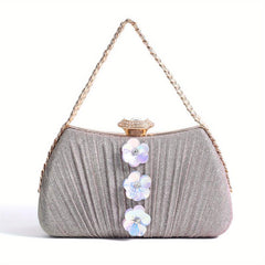 Glitter Ruched Wedding Evening Bag Flower Decor Handbag For Women