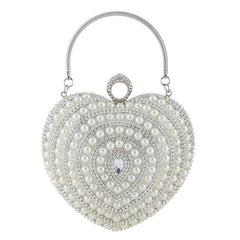 Heart Shaped Evening Handbag with Faux Pearl & Rhinestone Decor