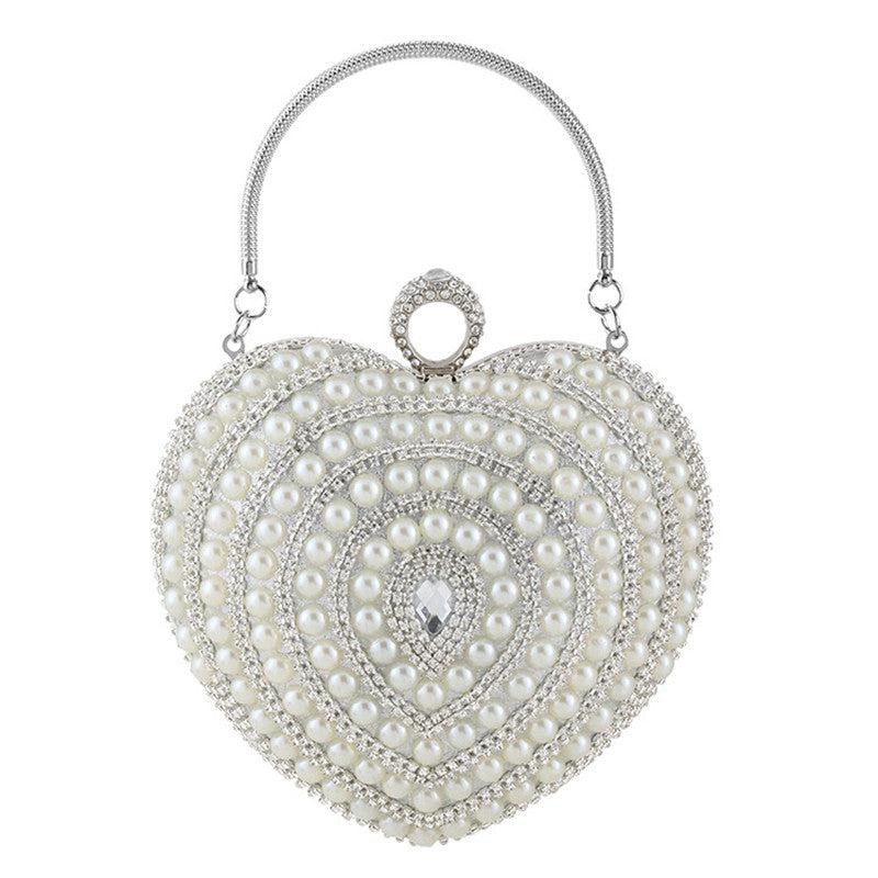 Heart Shaped Evening Handbag with Faux Pearl & Rhinestone Decor