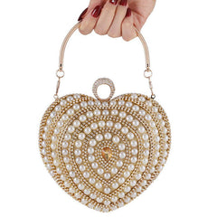 Heart Shaped Evening Handbag with Faux Pearl & Rhinestone Decor