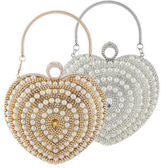 Heart Shaped Evening Handbag with Faux Pearl & Rhinestone Decor