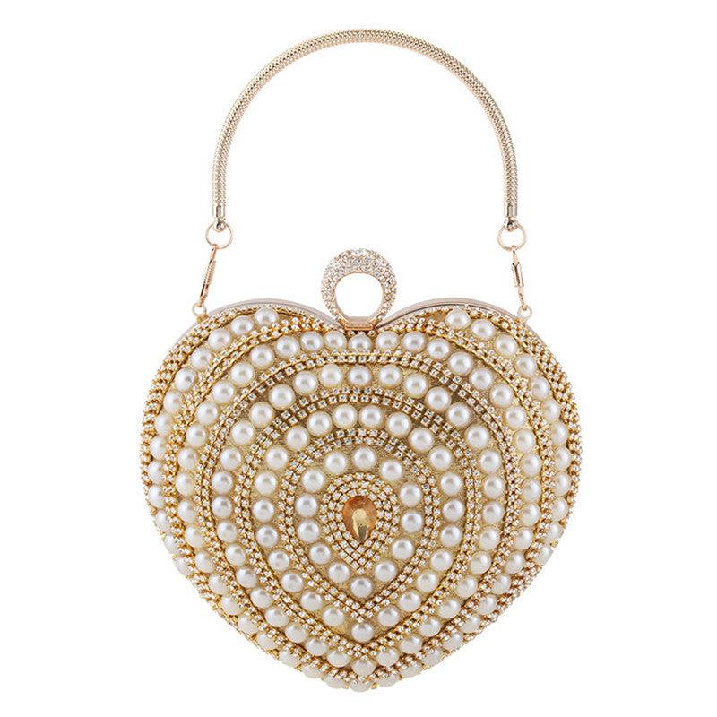 Heart Shaped Evening Handbag with Faux Pearl & Rhinestone Decor
