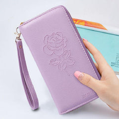 Flower Embossed Long Wallet Zipper Around Purse Clutch Bag