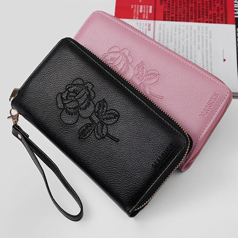 Flower Embossed Long Wallet Zipper Around Purse Clutch Bag