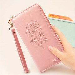 Flower Embossed Long Wallet Zipper Around Purse Clutch Bag