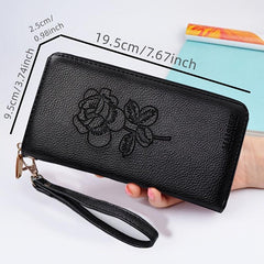 Flower Embossed Long Wallet Zipper Around Purse Clutch Bag