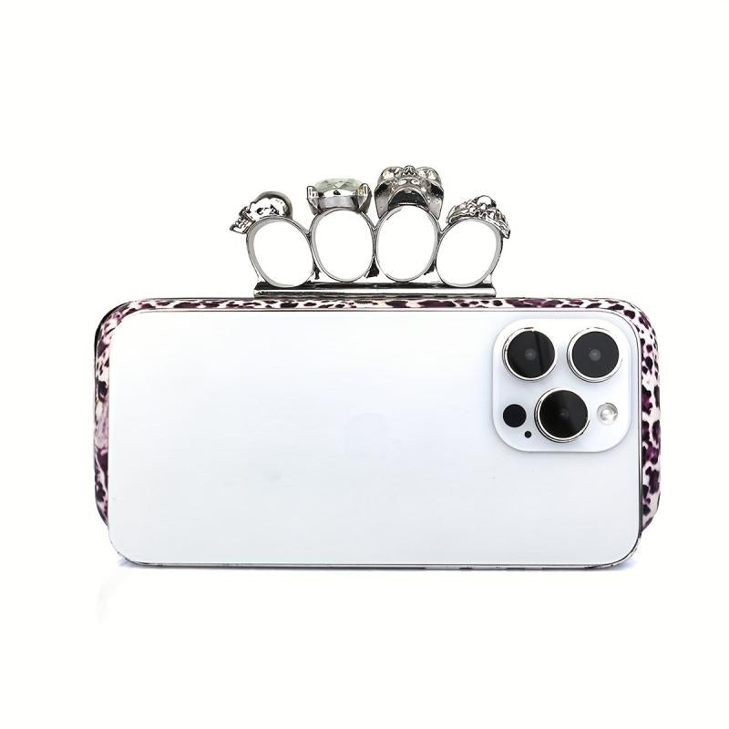 Leopard Pattern Evening Bag Gothic Skull Decor Dinner Purse Banquet Handbag
