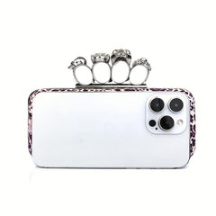 Leopard Pattern Evening Bag Gothic Skull Decor Dinner Purse Banquet Handbag