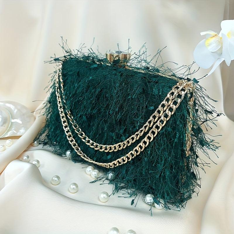 Feather Evening Bag Chain Clutch Clip Purse Women's Handbags