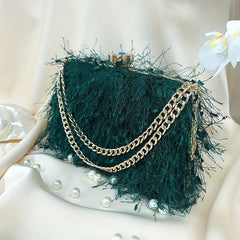 Feather Evening Bag Chain Clutch Clip Purse Women's Handbags