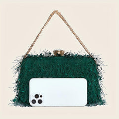 Feather Evening Bag Chain Clutch Clip Purse Women's Handbags