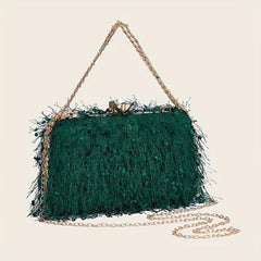 Feather Evening Bag Chain Clutch Clip Purse Women's Handbags