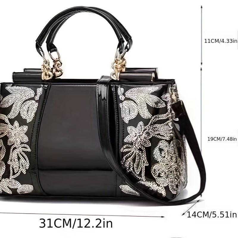 Flower Sequins Crossbody Bag Patent Leather Satchel