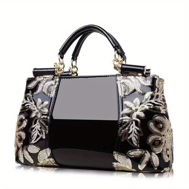 Flower Sequins Crossbody Bag Patent Leather Satchel