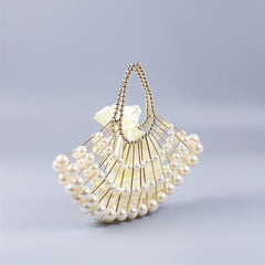 Pearl Hollow Beaded Handle Fan Shape Handbag Elegant Clutch Purse