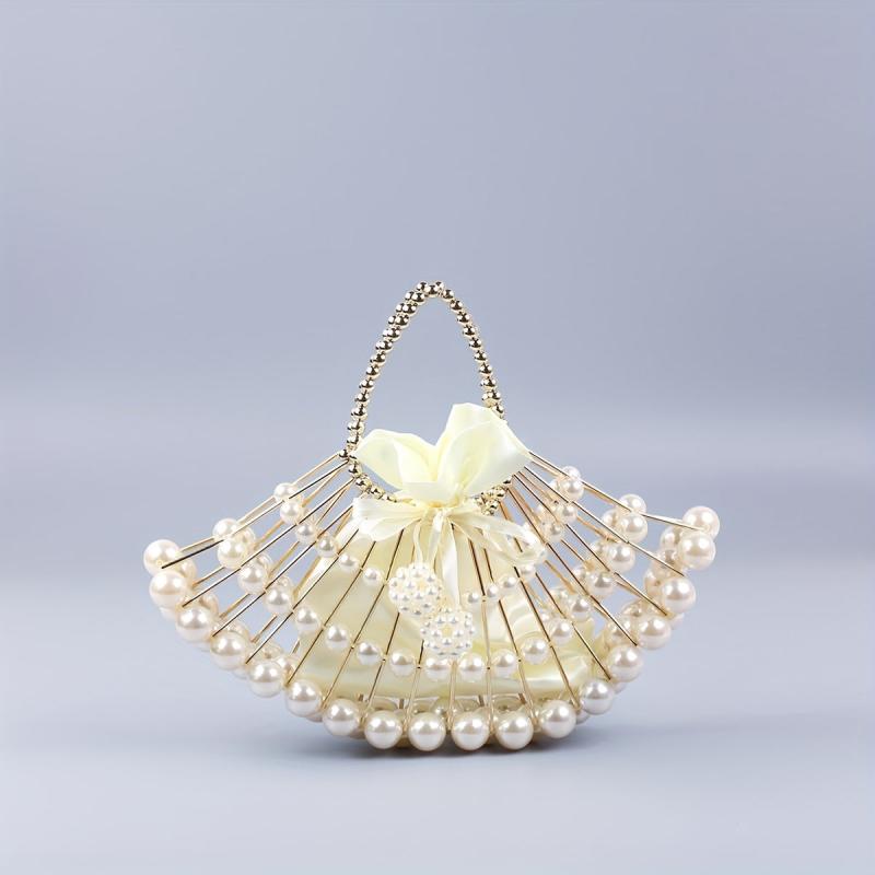 Pearl Hollow Beaded Handle Fan Shape Handbag Elegant Clutch Purse