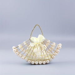 Pearl Hollow Beaded Handle Fan Shape Handbag Elegant Clutch Purse
