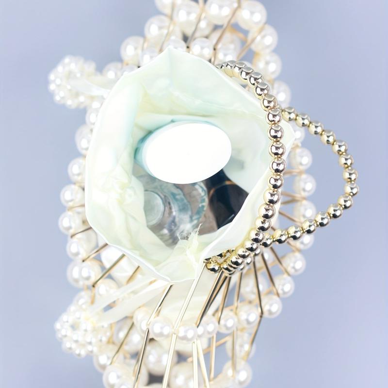 Pearl Hollow Beaded Handle Fan Shape Handbag Elegant Clutch Purse