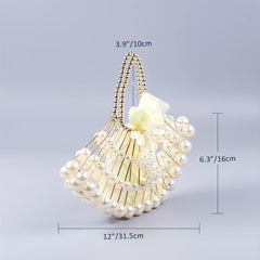 Pearl Hollow Beaded Handle Fan Shape Handbag Elegant Clutch Purse
