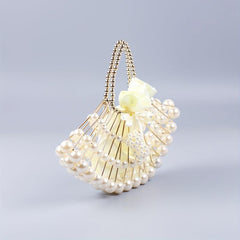 Pearl Hollow Beaded Handle Fan Shape Handbag Elegant Clutch Purse