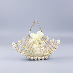 Pearl Hollow Beaded Handle Fan Shape Handbag Elegant Clutch Purse