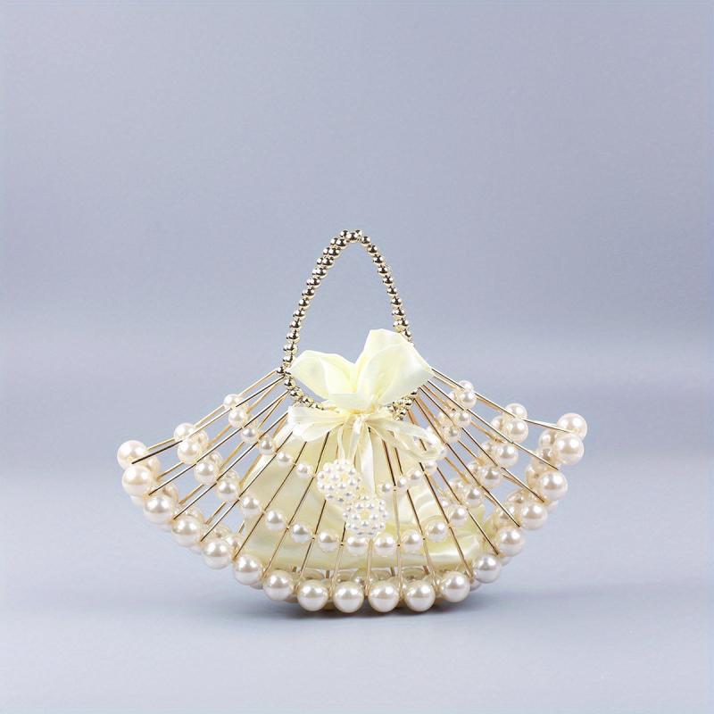Pearl Hollow Beaded Handle Fan Shape Handbag Elegant Clutch Purse