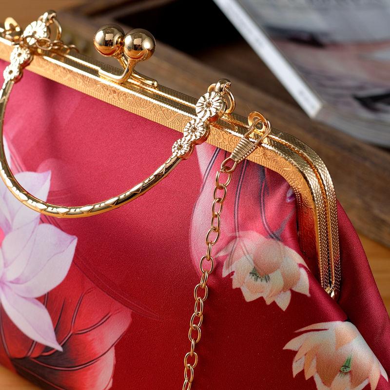 Ancient Style Floral Print Clutch Purse Top Handle Frame Handbag