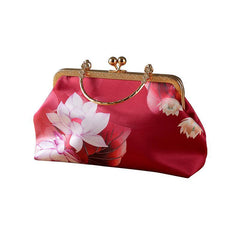 Ancient Style Floral Print Clutch Purse Top Handle Frame Handbag