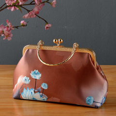 Ancient Style Floral Print Clutch Purse Top Handle Frame Handbag