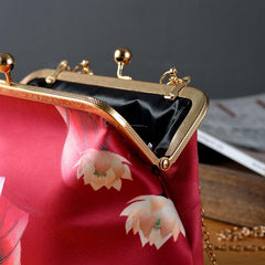 Ancient Style Floral Print Clutch Purse Top Handle Frame Handbag