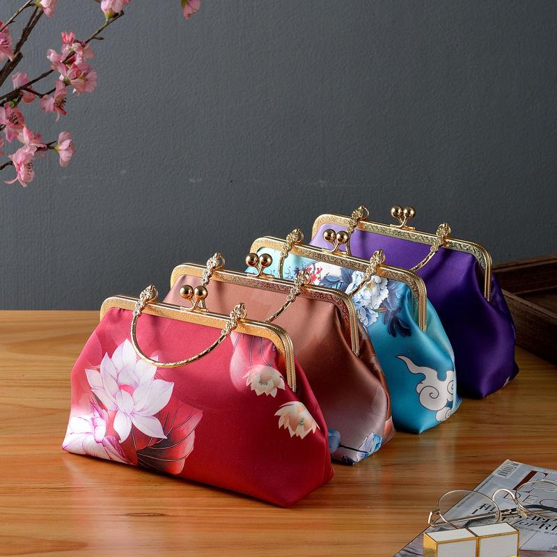 Ancient Style Floral Print Clutch Purse Top Handle Frame Handbag