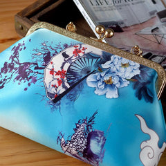 Ancient Style Floral Print Clutch Purse Top Handle Frame Handbag