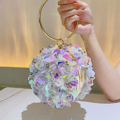 Sequin Floral Clutch Bag Round Evening Purse Wedding Party Prom