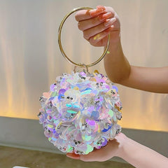 Sequin Floral Clutch Bag Round Evening Purse Wedding Party Prom