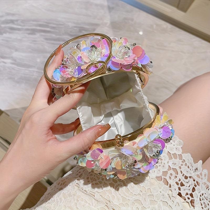 Sequin Floral Clutch Bag Round Evening Purse Wedding Party Prom