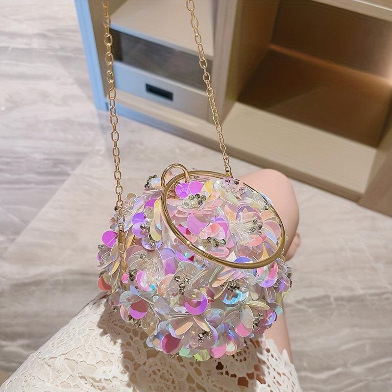 Sequin Floral Clutch Bag Round Evening Purse Wedding Party Prom