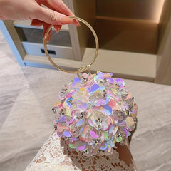 Sequin Floral Clutch Bag Round Evening Purse Wedding Party Prom