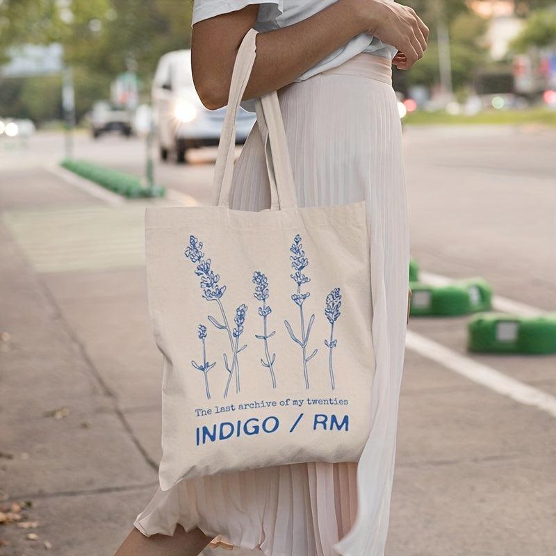 Floral Pattern Canvas Shopping Bag Letter Print Shoulder Tote Bag