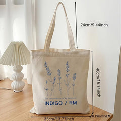 Floral Pattern Canvas Shopping Bag Letter Print Shoulder Tote Bag